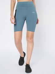 Waylene Airforce Blue Sports Shorts featuring a high waistband and side pocket, ideal for workouts.
