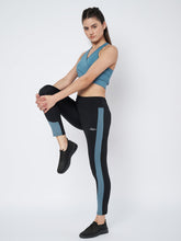 Waylene High-Waist Black and Airforce Blue Sports Tights with Side Stripe