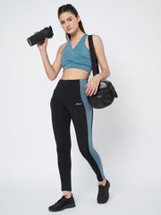 Waylene Women's Black High-Waist Sports Leggings with Blue Side Panel for Yoga and Gym