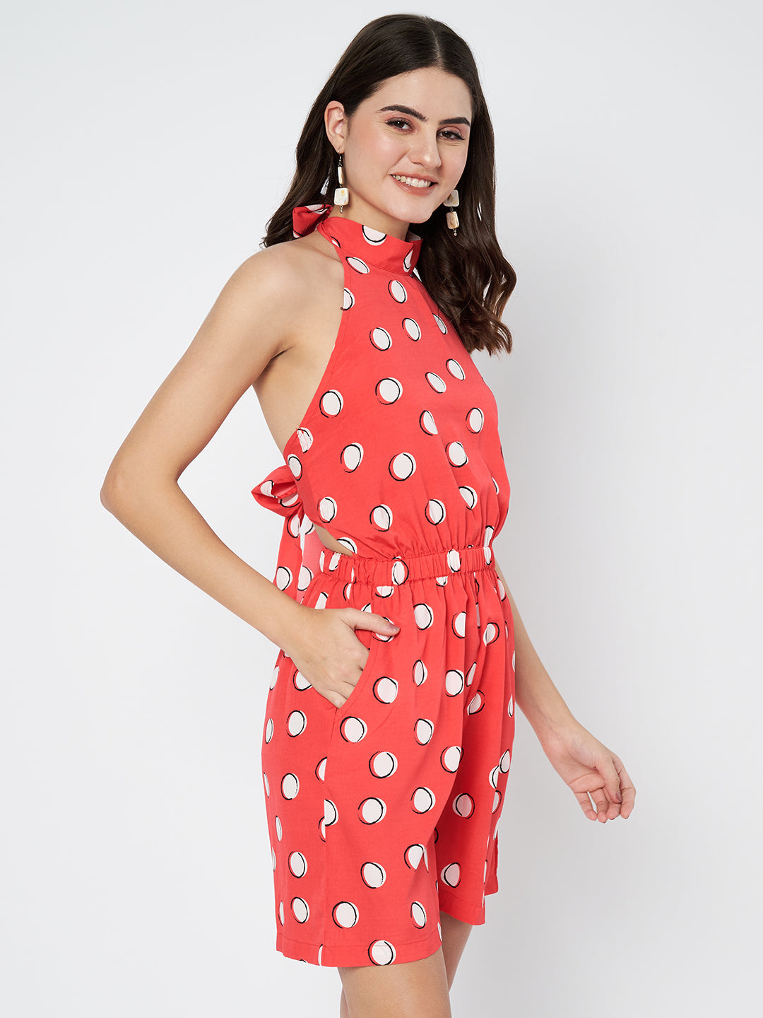Waylene Red Polka Dot Jumpsuit with Halter Neckline and Side Pockets