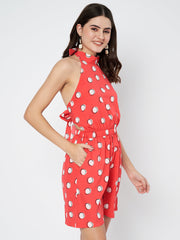 Waylene Red Polka Dot Jumpsuit with Halter Neckline and Side Pockets