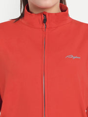 Close-up of Waylene Red Jacket with logo and high collar