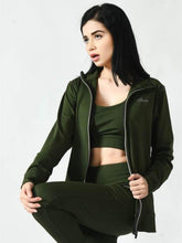 Waylene Olive Green Sweatshirt with Zipper and Crop Top for Women