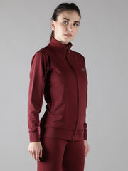 Waylene wine color sweatshirt with sleek high collar and tailored fit, shown from the side.