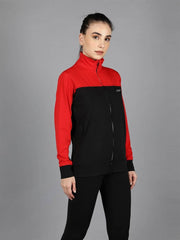 Waylene Red and Black Color Sweatshirt, angled front view highlighting the high collar.