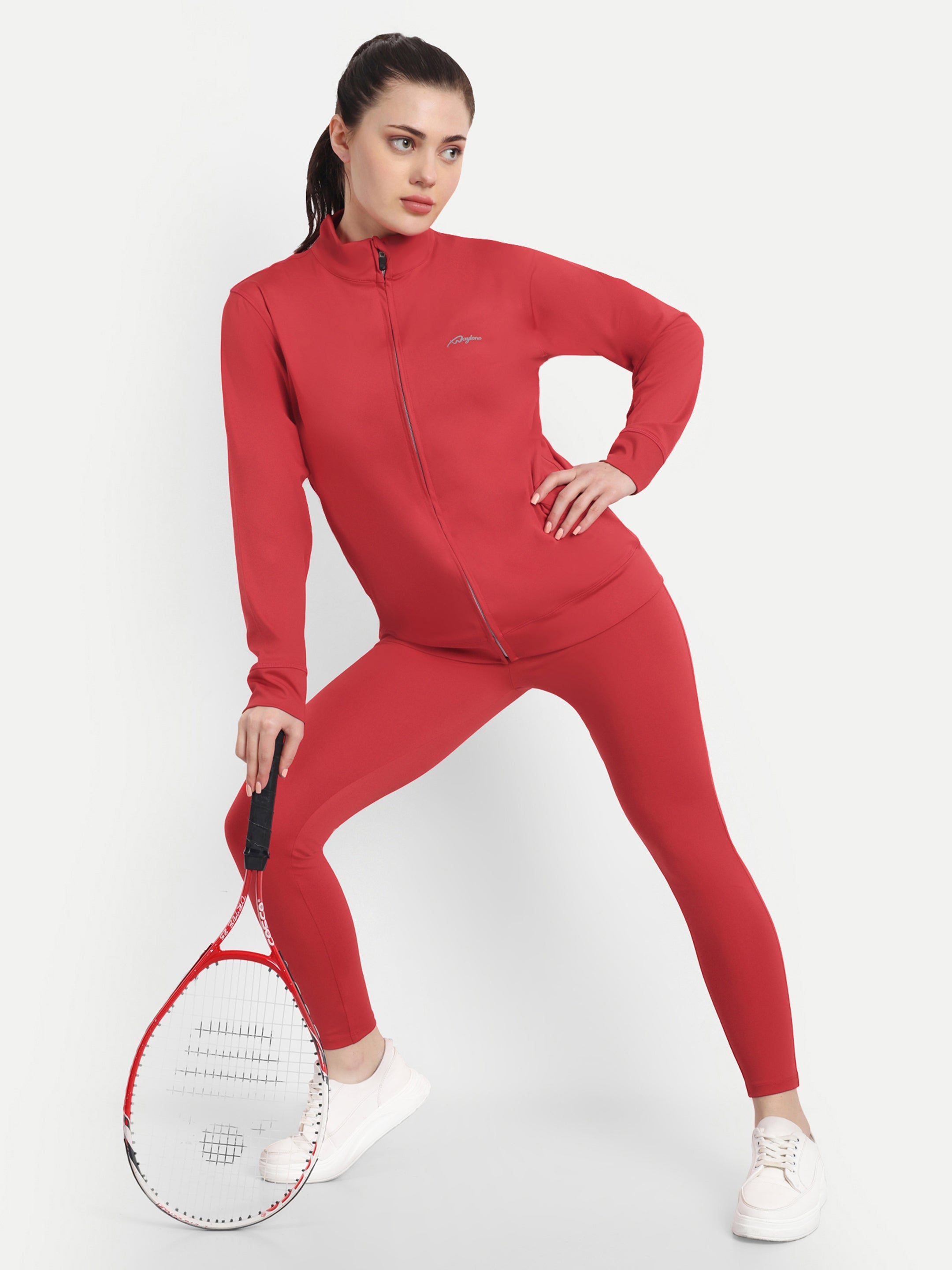 Waylene Red High-Performance Activewear Tracksuit with full zip jacket and leggings, moisture-wicking fabric.
