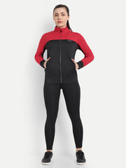 Waylene Women's Red and Black Colorblock Tracksuit, front view with hands in pockets.