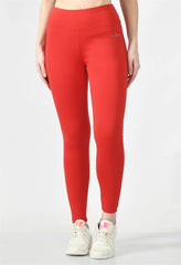 Waylene red high-waisted yoga leggings front view showcasing slim-fit design.