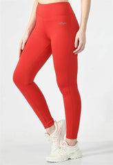 Waylene red high-waisted yoga leggings angled view displaying logo detail.