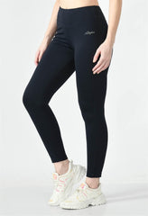 Waylene Navy Blue High-Waisted Yoga Leggings, side view emphasizing sleek silhouette and logo detail.