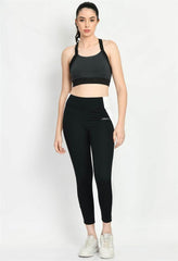 Waylene Color Block Black Tights, Front View with Black Sports Bra