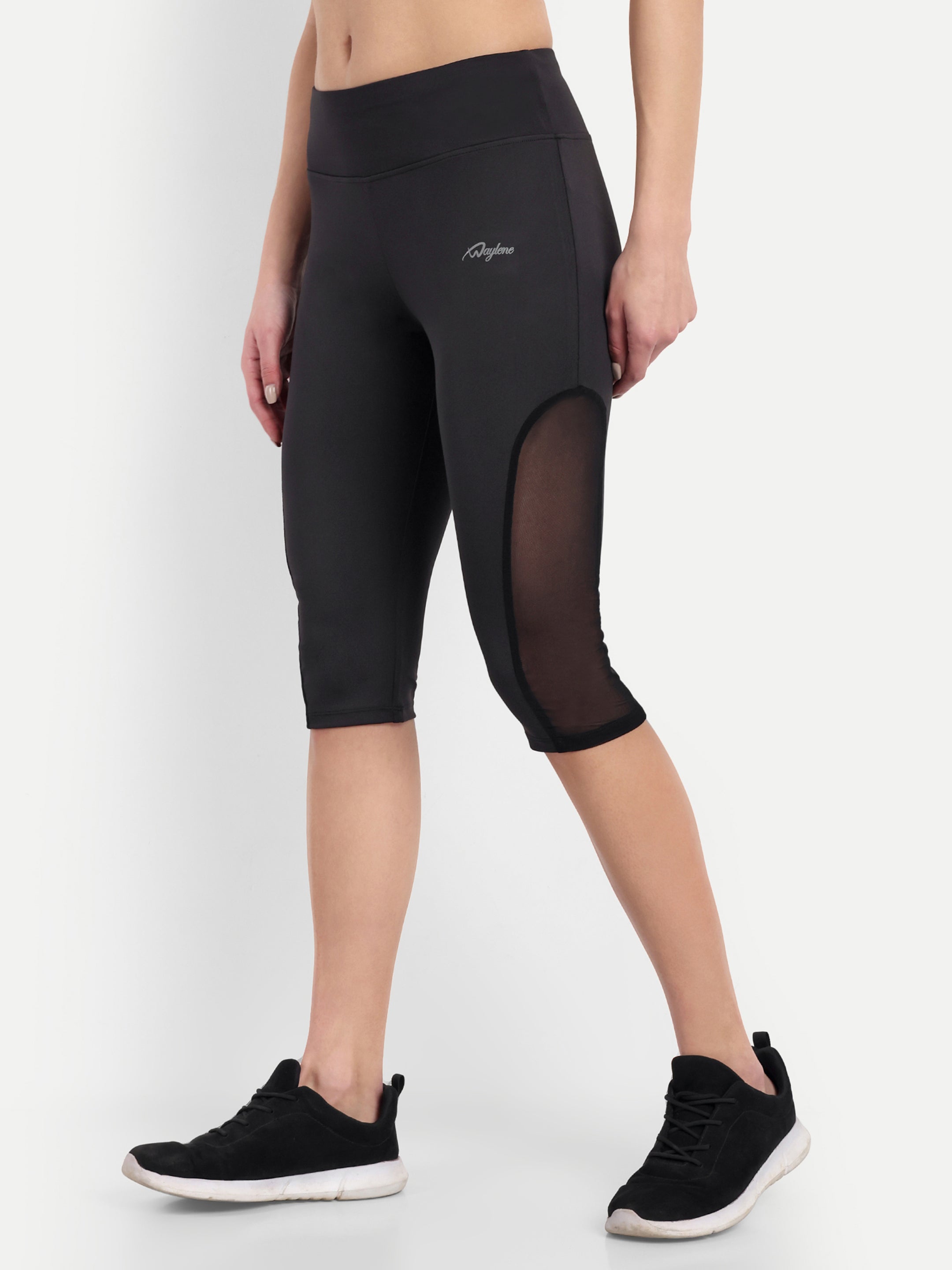 Waylene Women's Black High-Waisted Sports Capris with Mesh Panels, side view showcasing mesh detail.