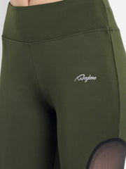 Close-up of Waylene Women's Olive Green High-Waisted Sports Capris with Mesh Panels and logo