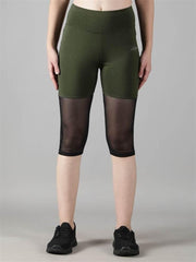 Waylene Women's Olive Green High-Waisted Capri Leggings with Rounded Mesh Front View