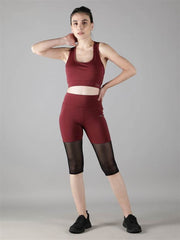 Waylene Women's Wine Color Track Suit with Capri Tights, Front Pose