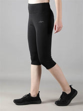 Waylene Black Skinny Fit Capri Tights, side view, showcasing high waistband and knee-length cut.