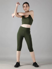 Waylene Olive Green Capri Tights Track Suit for Women, stretching pose.