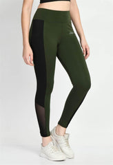 Waylene Olive Green and Black Color Block Tights with Sheer Mesh Detail