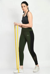 Waylene Olive Green Active Tights with Black Side Panels and Mesh Insets, Ideal for Workouts