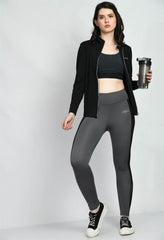 Waylene Grey Color Block Tights with Black Jacket and Water Bottle, Full Outfit
