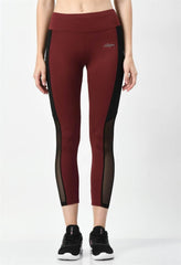 Waylene Sports Wear Color Block Wine Tights front view highlighting mesh panels and color block design.