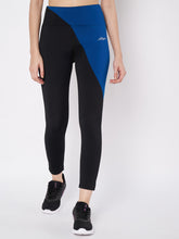 Waylene black leggings with blue color block detail, front view