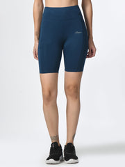 Waylene Teal Blue Dry-Fit Shorts showcasing high waist and slim fit design for active women.