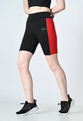 Waylene Black and Red Colour Block Women's Gym Shorts, high-performance dry-fit, side detail