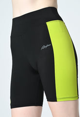close look of waylene's colour block gym shorts for women black and parrot green
