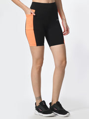 Waylene Black & Orange Colorblock High-Performance Shorts with Pocket, side view highlighting pocket.