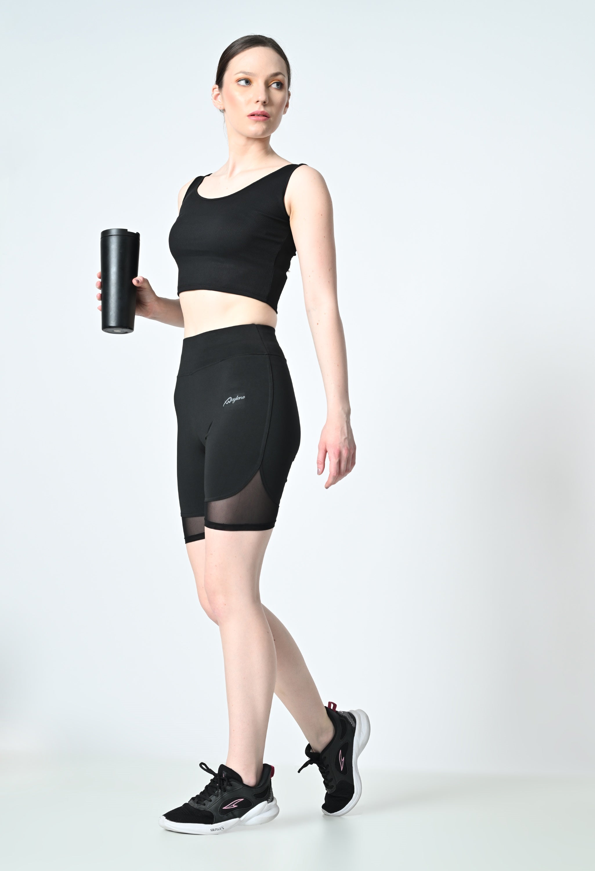 Waylene High-Rise Black Gym Shorts, moisture-wicking, 4-way stretch fabric, ideal for running and yoga.