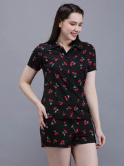 Waylene Cherry-Printed Black Shirt & Shorts Set, front view, smiling model.