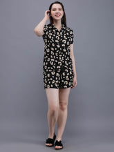 Waylene Printed Shirt & Shorts Set for Women, front view, black with beige abstract print.