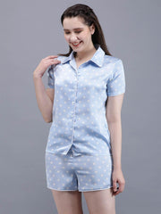 Waylene Navy Blue Printed Shirt & Shorts Set for Women, front view with button-down design.