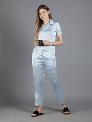 Waylene Light Blue Polka Dot Satin PJ Set, model holding a cup, displaying casual fit.