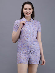 Waylene Light Purple Floral Print Shirt & Shorts Set, button detail