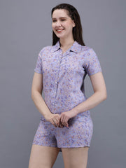 Waylene Light Purple Floral Print Shirt & Shorts Set, front view