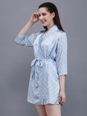 Waylene Light Blue Polka Dot Night Suit with Kimono Style and 3/4 Sleeves
