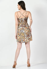 Waylene Multicolor Paisley Print Fit & Flare Western Dress, back view highlighting crisscross straps and knee-length hem.