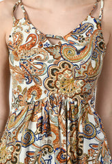 Close-up of Waylene Multicolor Paisley Print Dress, detailing the intricate paisley pattern and pleated waist.