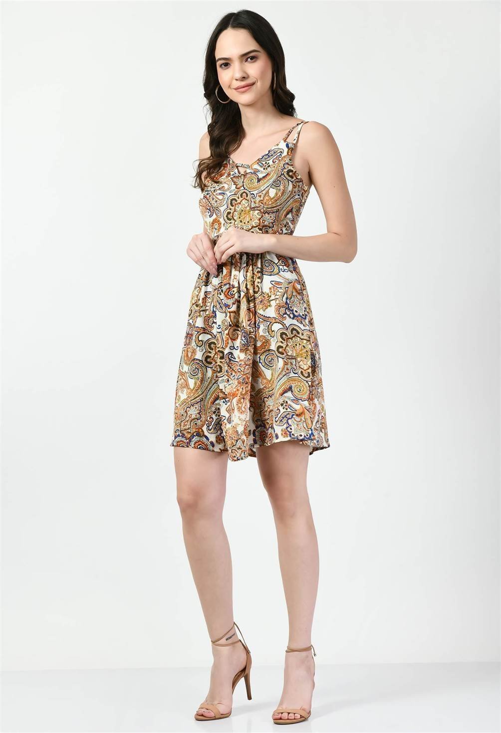Waylene Multicolor Paisley Print Fit & Flare Western Dress, front view with V-neck and adjustable straps.