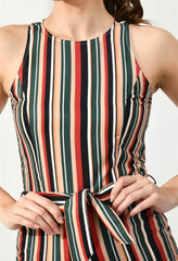 Close-up of Waylene Striped Multi-Color Sleeveless Jumpsuit with Bow Tie Detail