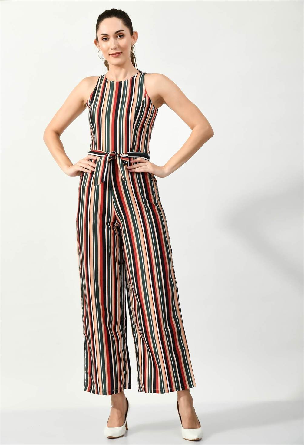 Waylene Striped Multi-Color Sleeveless Jumpsuit with Belted Waist, Front View