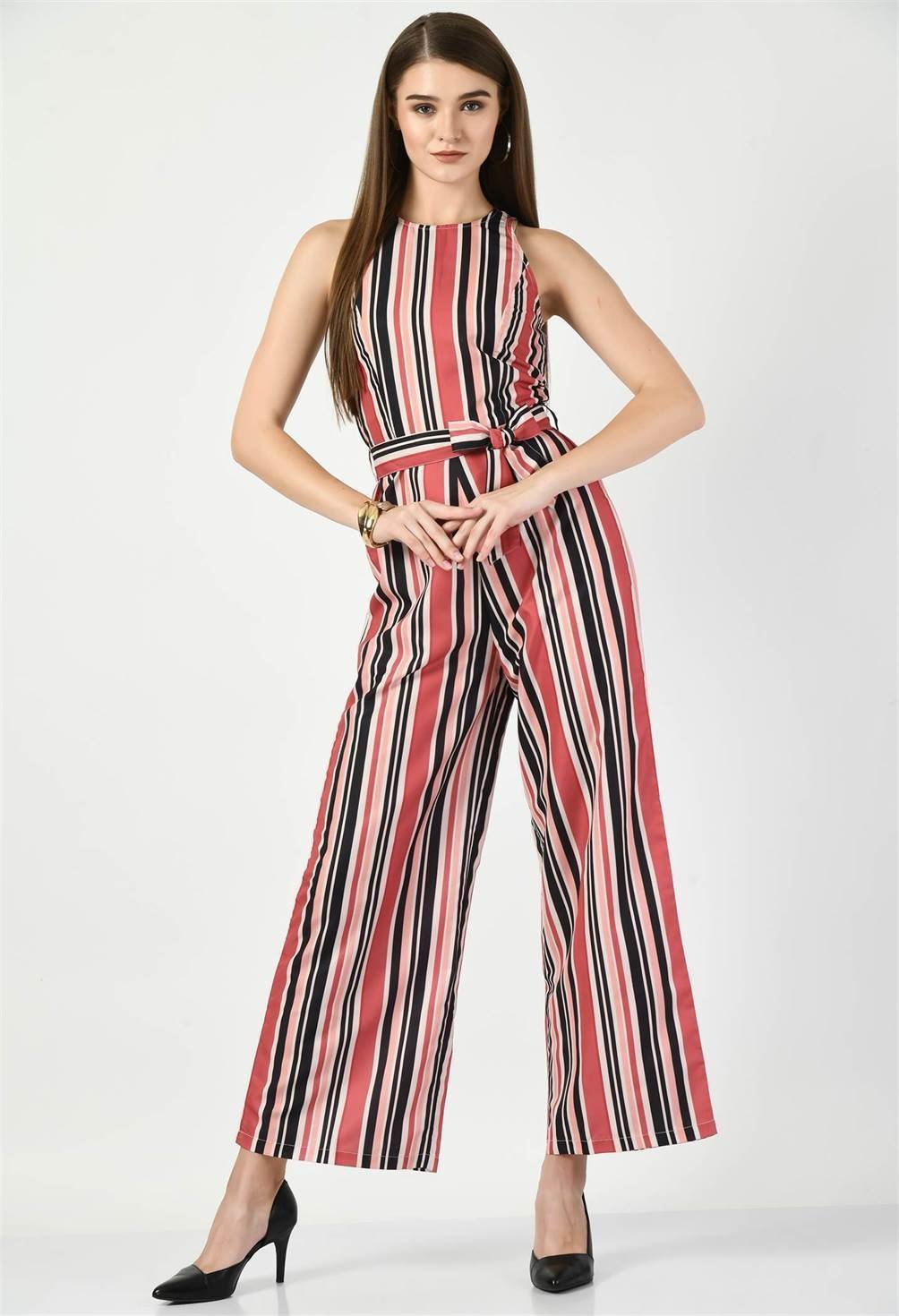 Waylene striped multicolor sleeveless jumpsuit with a belted waist, front view.