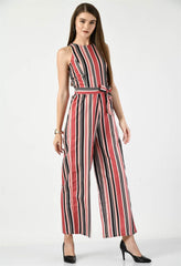 Waylene striped multicolor sleeveless jumpsuit with a belted waist, angled front view.