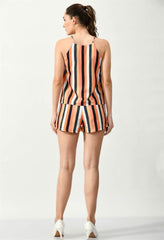Waylene Striped Multi-Color Cami and Shorts Jumpsuit, back view, showcasing stripe pattern.