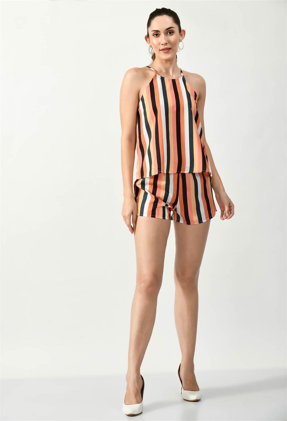 Waylene Striped Multi-Color Cami and Shorts Jumpsuit, front view, casual Western wear.