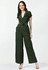 Waylene Striped Green Collared Jumpsuit with Belted Waist and Short Sleeves