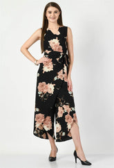 Waylene Floral Print Black Jumpsuit with V-Neck and Tie Waist