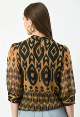 Back view of Waylene Peach High-Neck Geometric Print Western Top